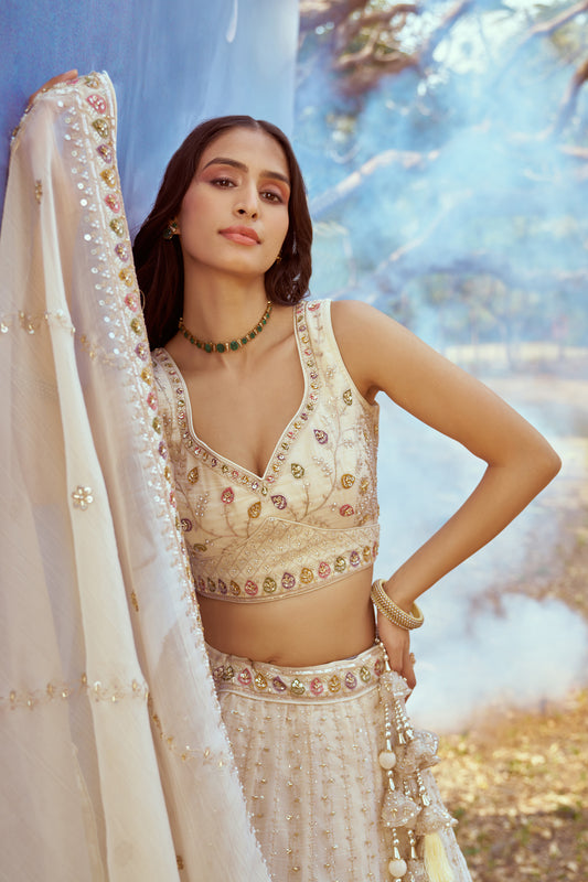 Cream Gold crushed Tissue Fabric Moti Hand work Premium Bridal Lehenga