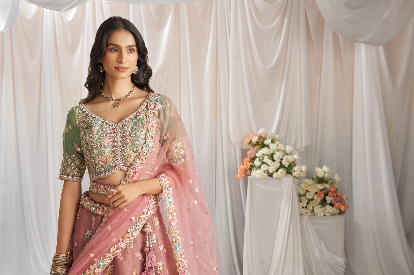 Sea Green shaded Bridal net and Gotapatti & Moti embroidery Designer Lehenga choli & Dupatta