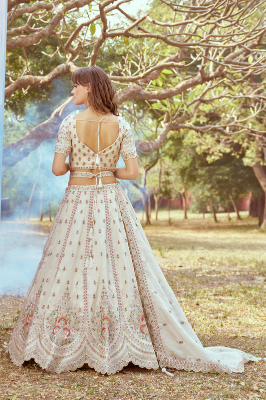 Cream Gold crushed Tissue Fabric Moti, Zari work Bridal Lehenga