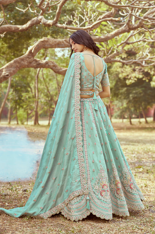 Seagreen Gold crushed Tissue Fabric Moti, Zari work Bridal Lehenga