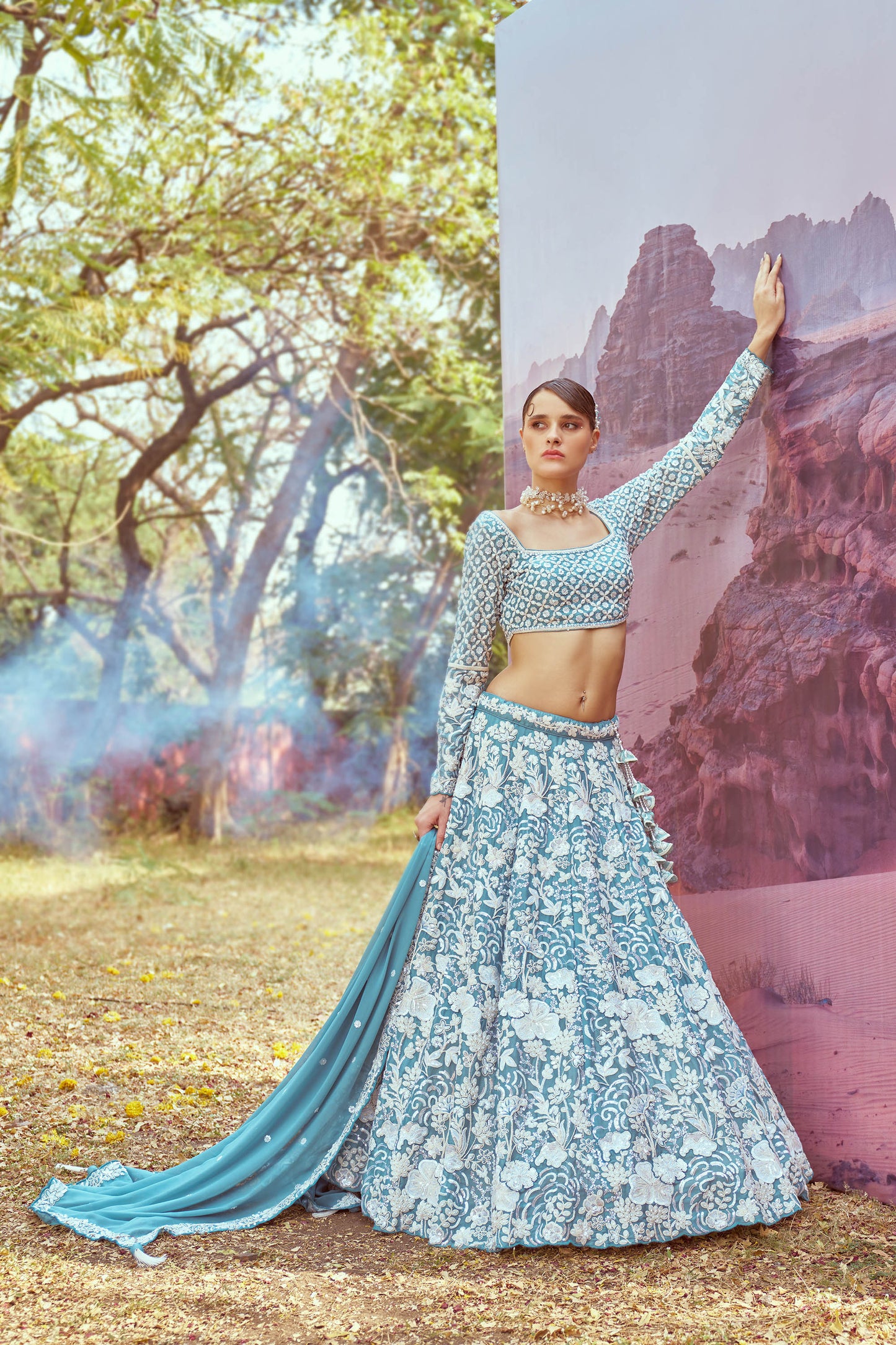 Turquoise blue Georgette Beads embroidery Lehenga choli & Dupatta