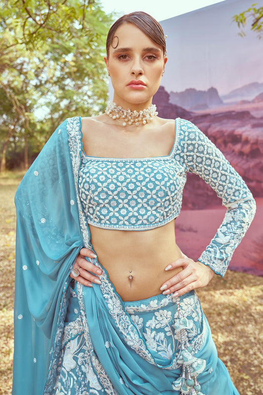 Turquoise blue Georgette Beads embroidery Lehenga choli & Dupatta