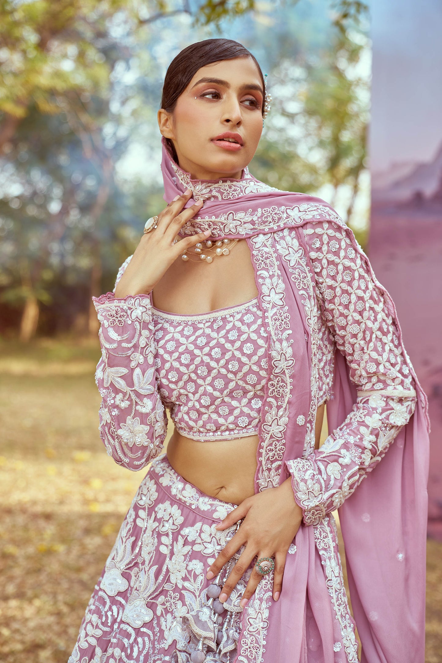 Lavender Georgette Beads embroidery Lehenga choli & Dupatta