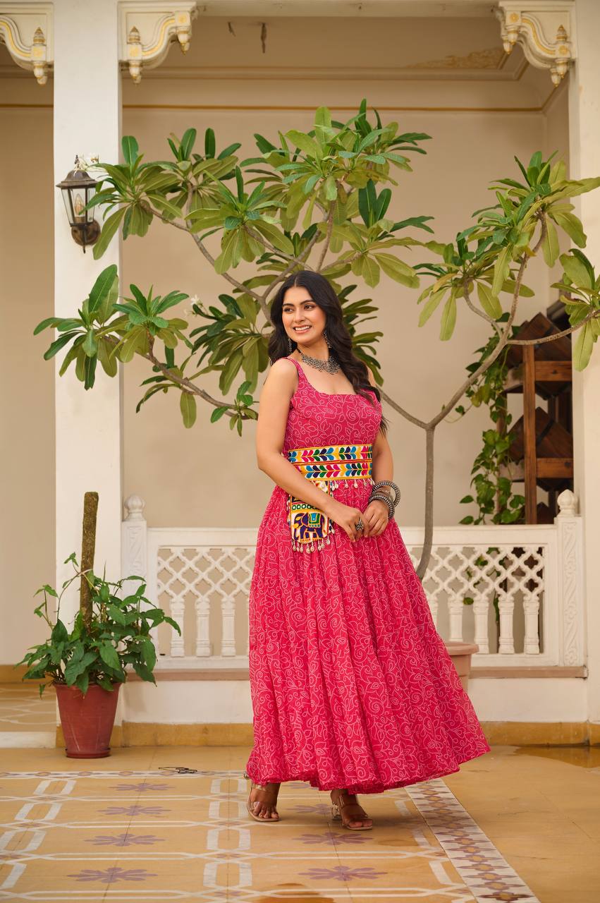 Pink Gamthi Work Faux Georgette Bandhani Print & Mirror Work Navratri Gown