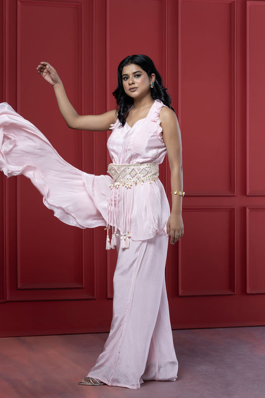 Baby Pink Indo Western Mirror & Shell's Palazzo Set