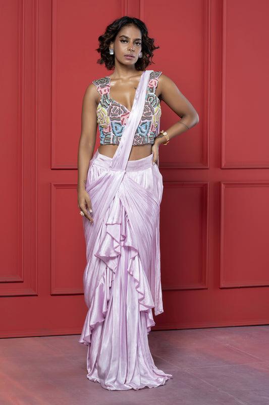 Lavender Gaji Silk 3D Floral Saree