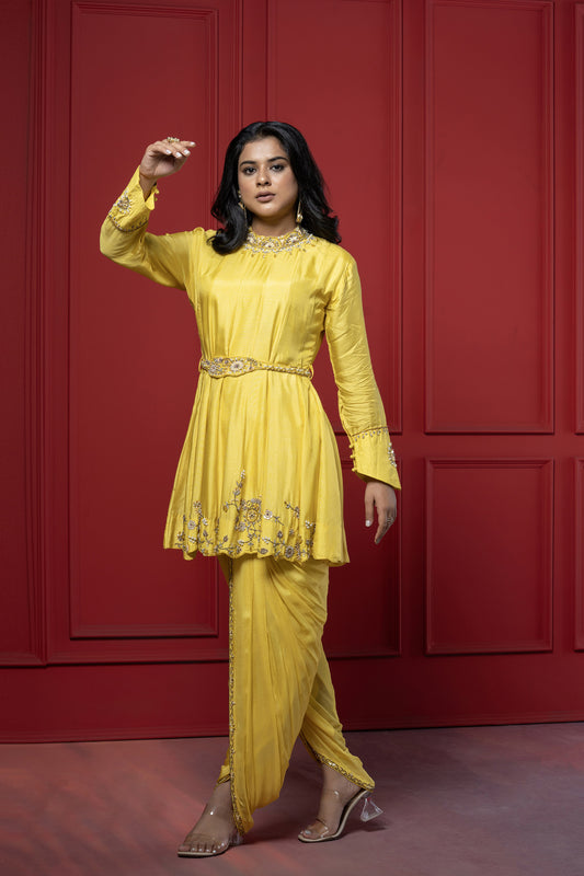 Yellow Dola Silk 3-Piece Peplum Dhoti Set