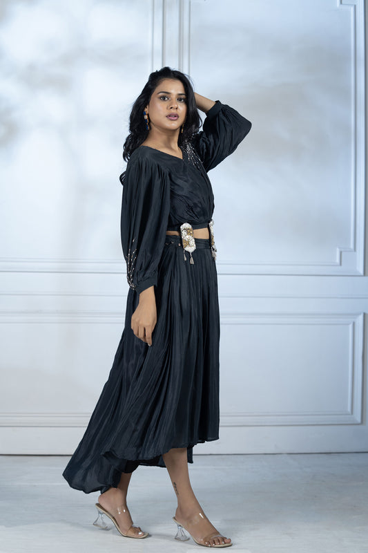 Navy Blue High-Low Skirt Set