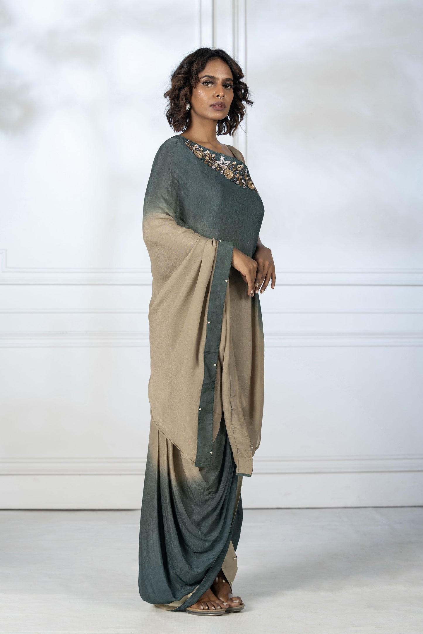 Green Asymmetric Dhoti Set
