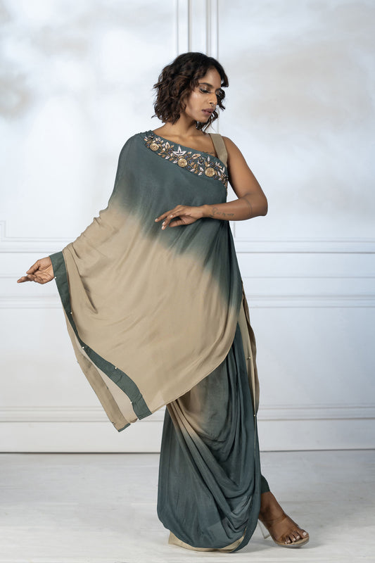 Green Asymmetric Dhoti Set