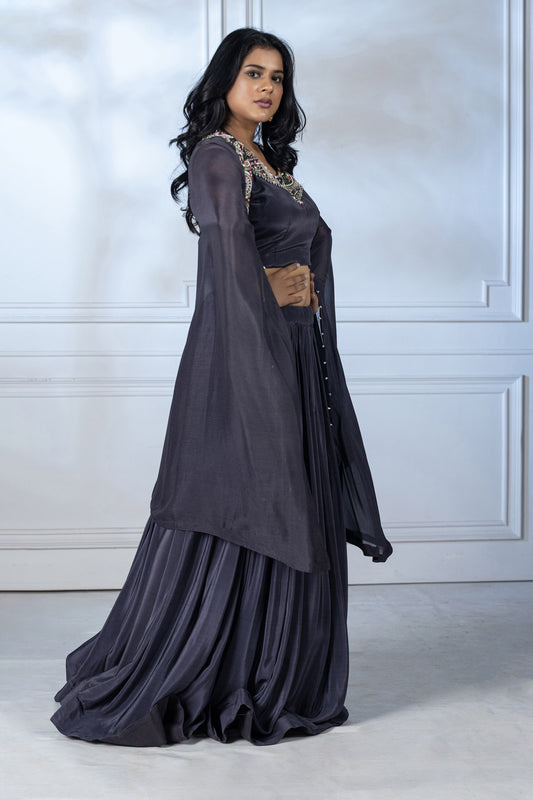 Steel Grey Crepe Cape Jacket Set