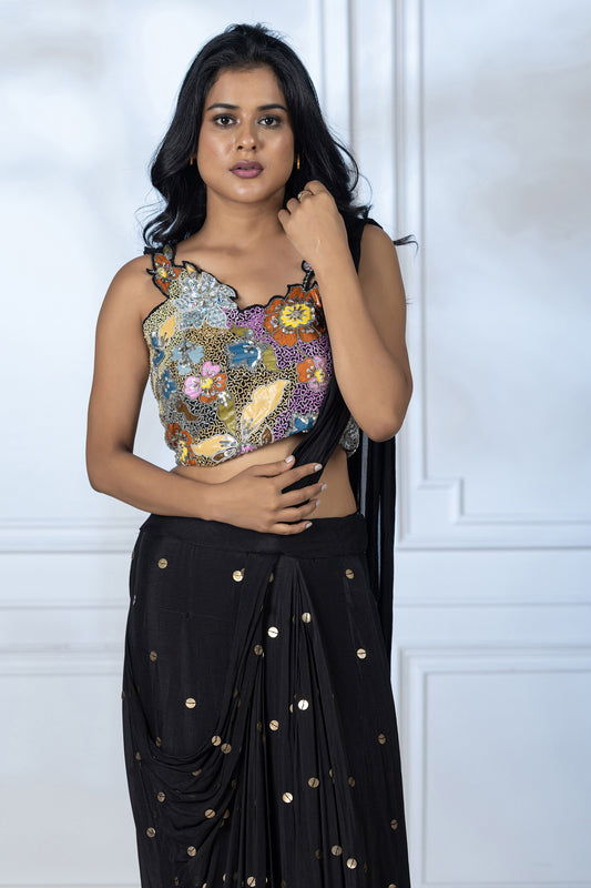 Black Hand painted Chinnon Cut dana Saree