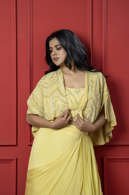 Yellow chinon Cape Style Jacket Set