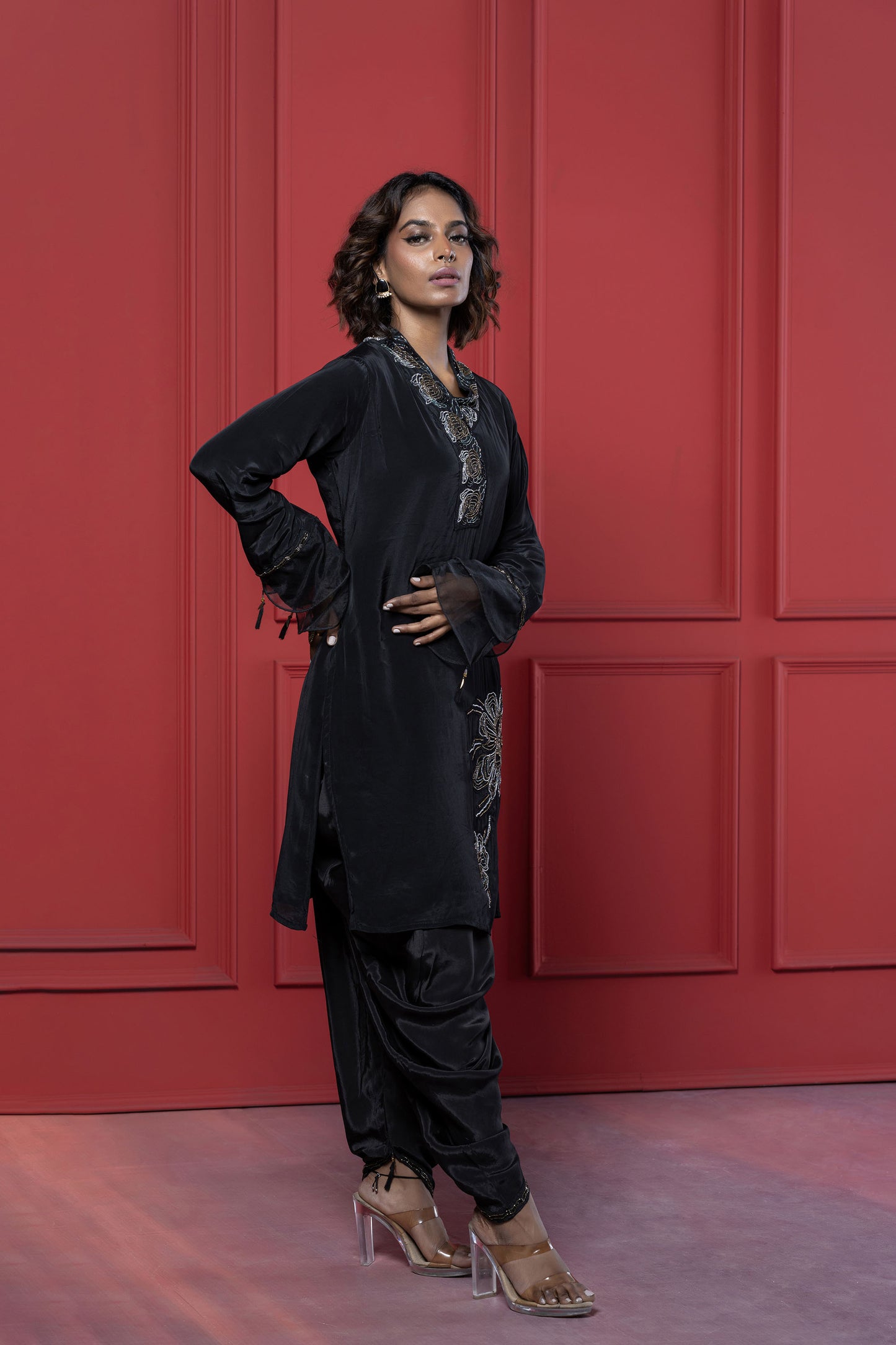 Black Flower Motifs Crepe Co-ord Set