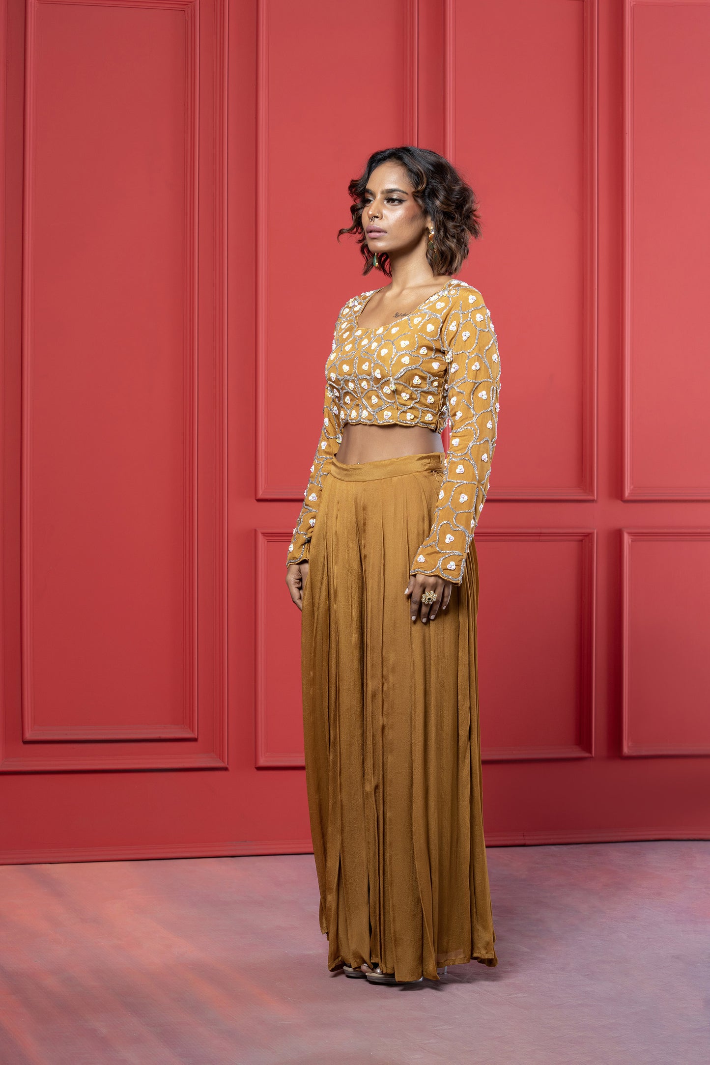 Yellow ochre Dola Silk Embroidered Crop Top Palazzo Set