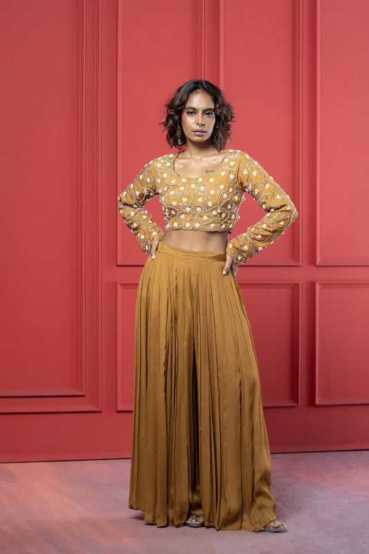 Yellow ochre Dola Silk Embroidered Crop Top Palazzo Set