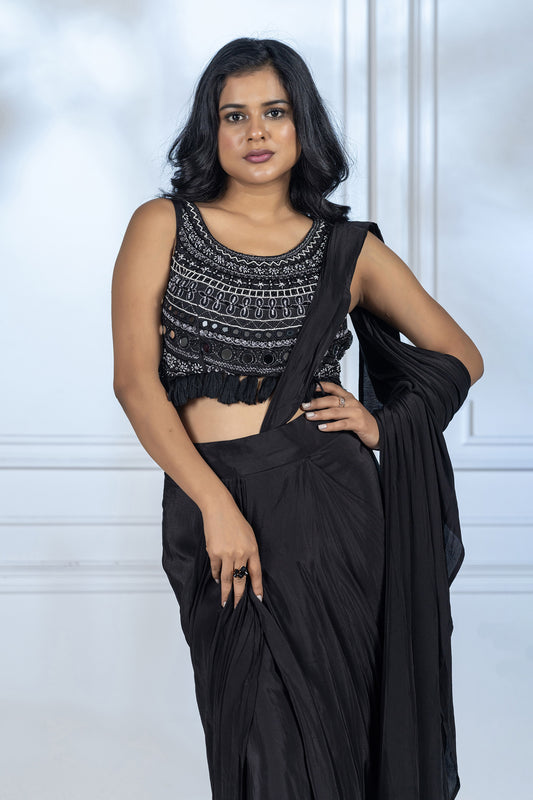 Charcoal Grey Dola Silk Drape Saree