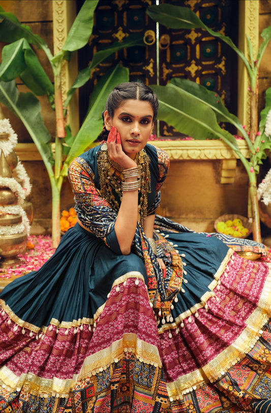 Blue Rayon Foil Printed Navratri Chaniya Choli