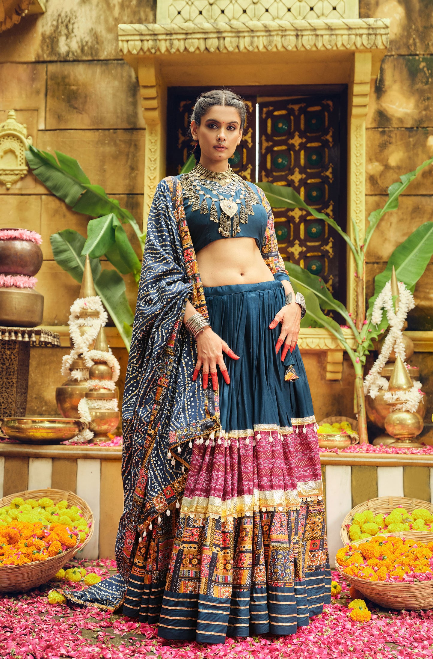 Blue Rayon Foil Printed Navratri Chaniya Choli
