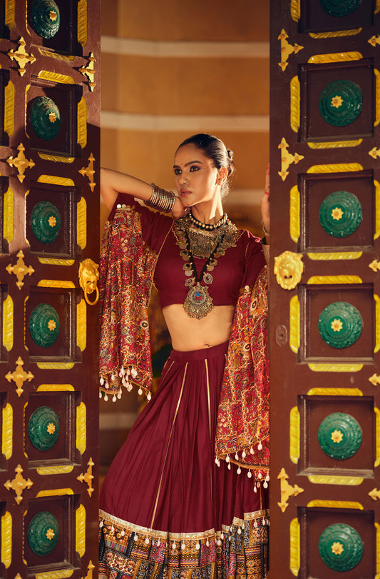 Dark Maroon Rayon Foil Printed Navratri Chaniya Choli