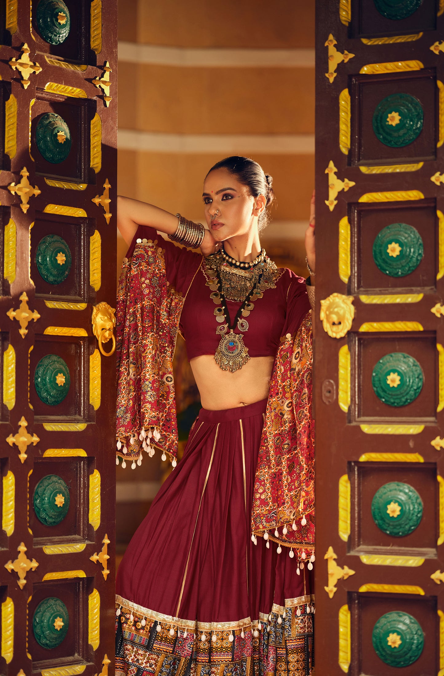 Dark Maroon Rayon Foil Printed Navratri Chaniya Choli