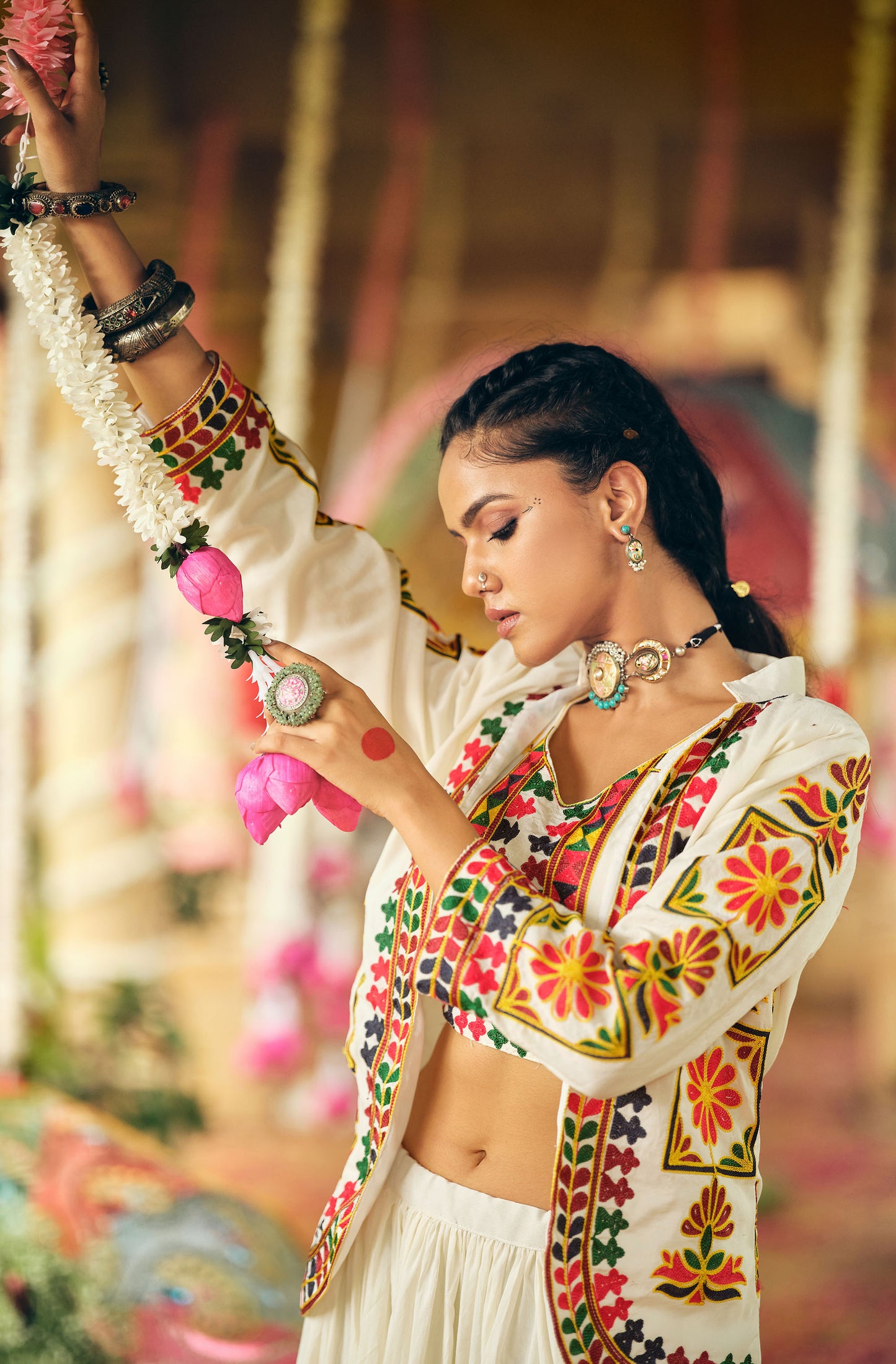 White Cotton Thread Embroidered Navratri Chaniya Choli