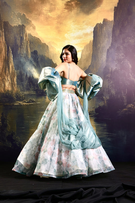 White and sage Jasmine lehenga set