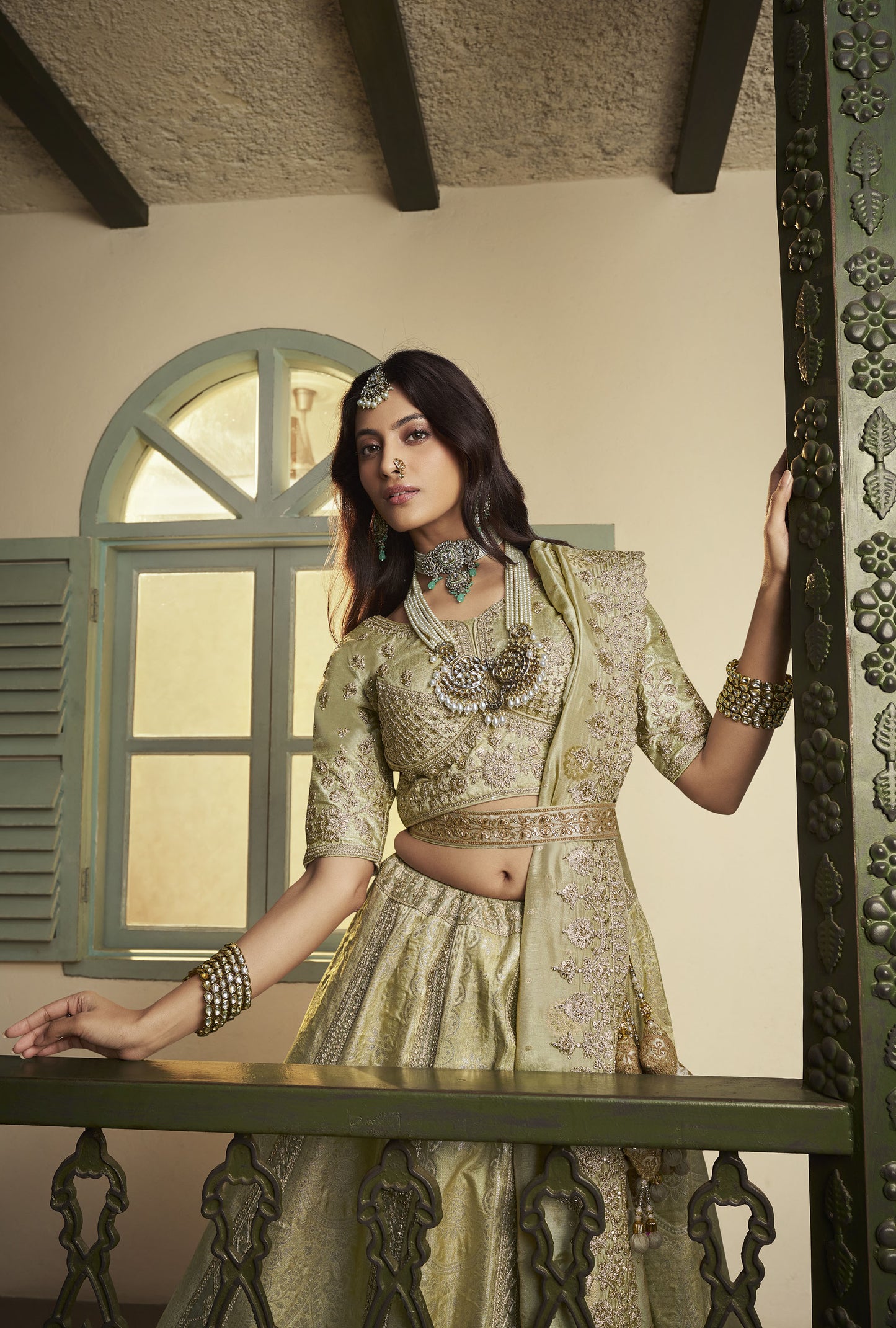 Pista Green Banarasi Silk Sequins & Swarovski Work Bridal Lehenga for Mehendi