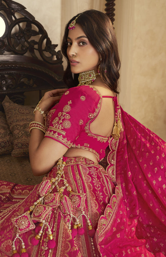 Royal Pink Banarasi Silk Sequins & Swarovski Work Bridal Lehenga for Wedding