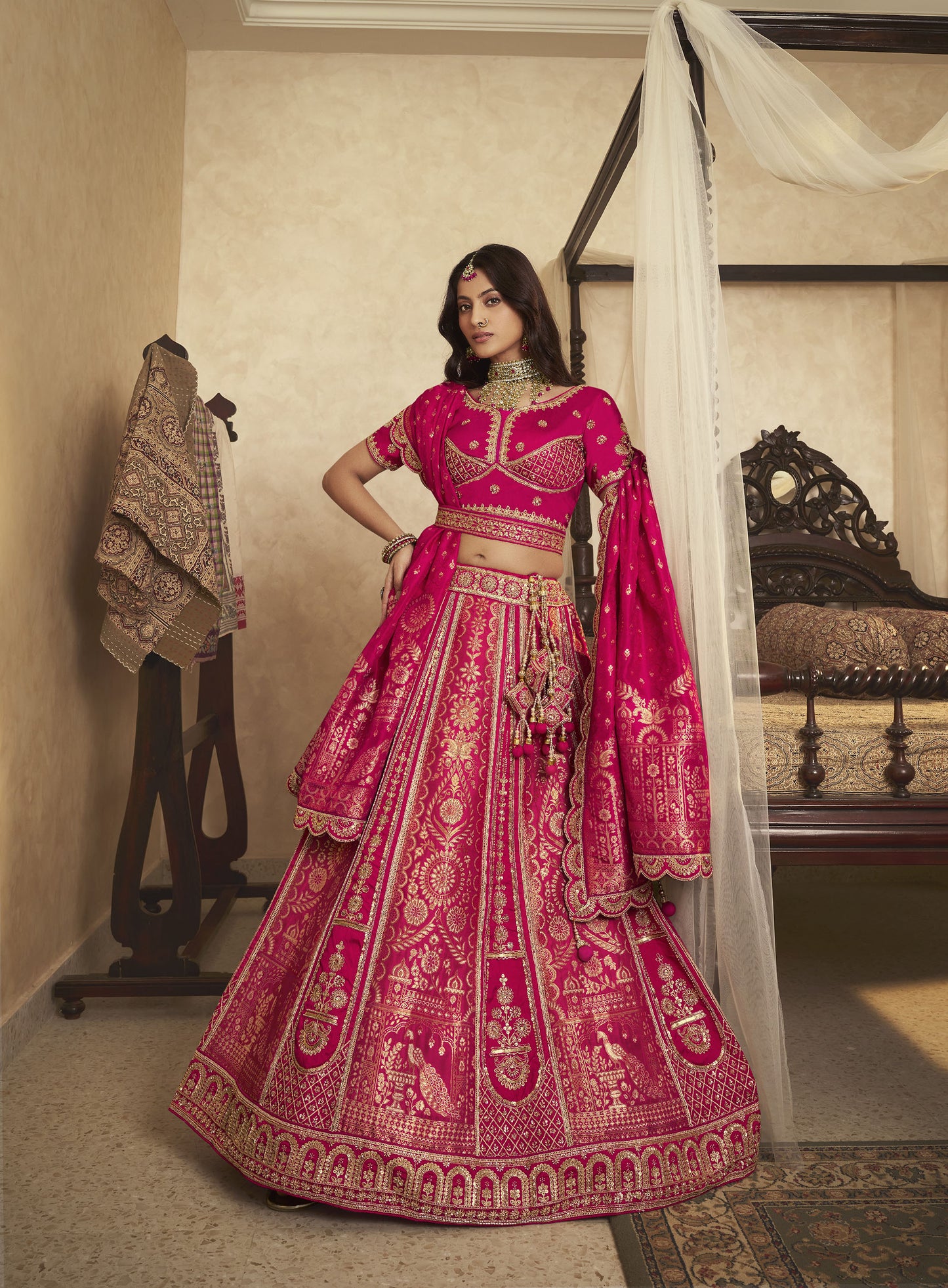 Royal Pink Banarasi Silk Sequins & Swarovski Work Bridal Lehenga for Wedding