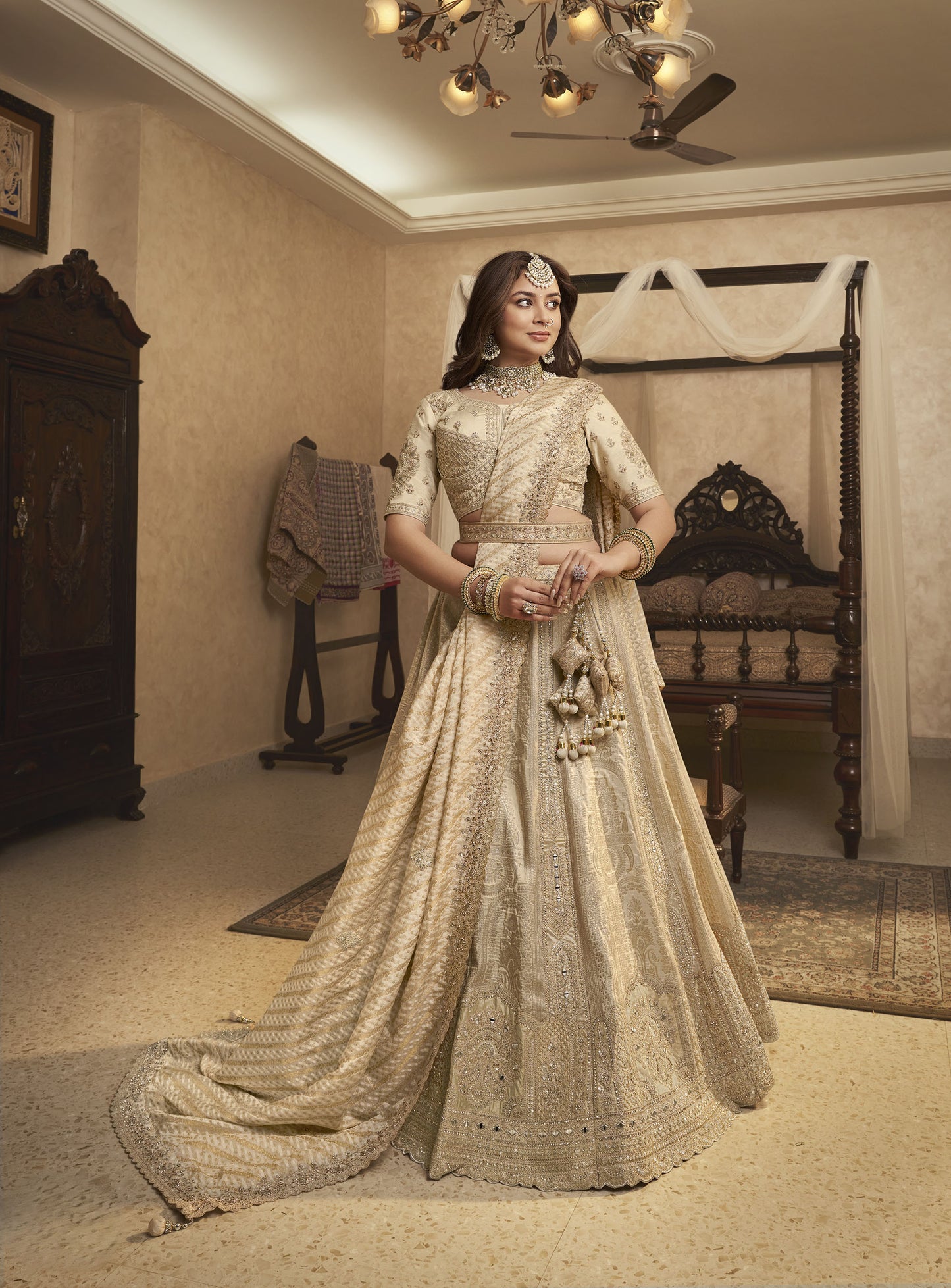 Beige Banarasi Silk Sequins & Swarovski Work Bridal Lehenga