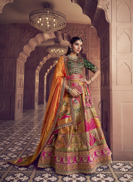 Orange & Green Banarasi Silk Zarkan and Cutwork Embroidery Bridal Lehenga