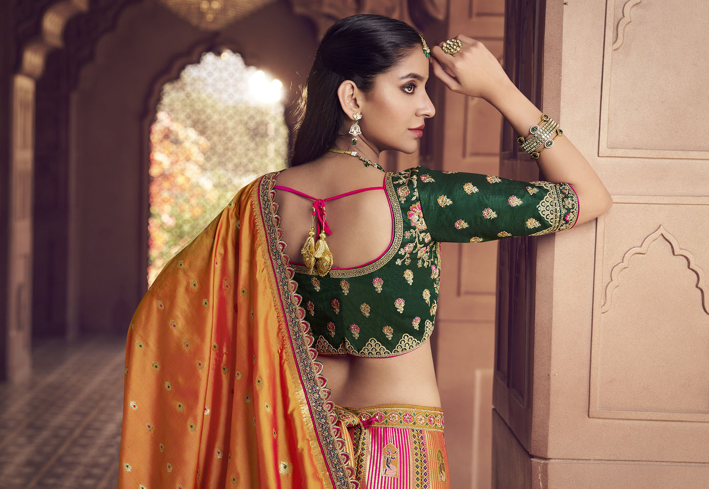 Orange & Green Banarasi Silk Zarkan and Cutwork Embroidery Bridal Lehenga