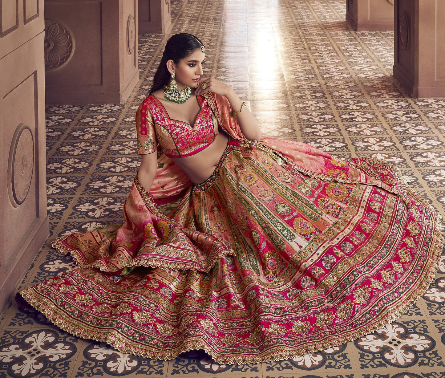 Beige & Pink Banarasi Silk Zarkan and Cutwork Embroidery Bridal Lehenga