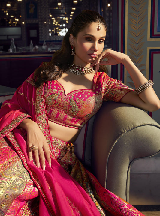 Dark Pink & Beige Banarasi Silk Sequins & Swarovski Work Bridal Lehenga