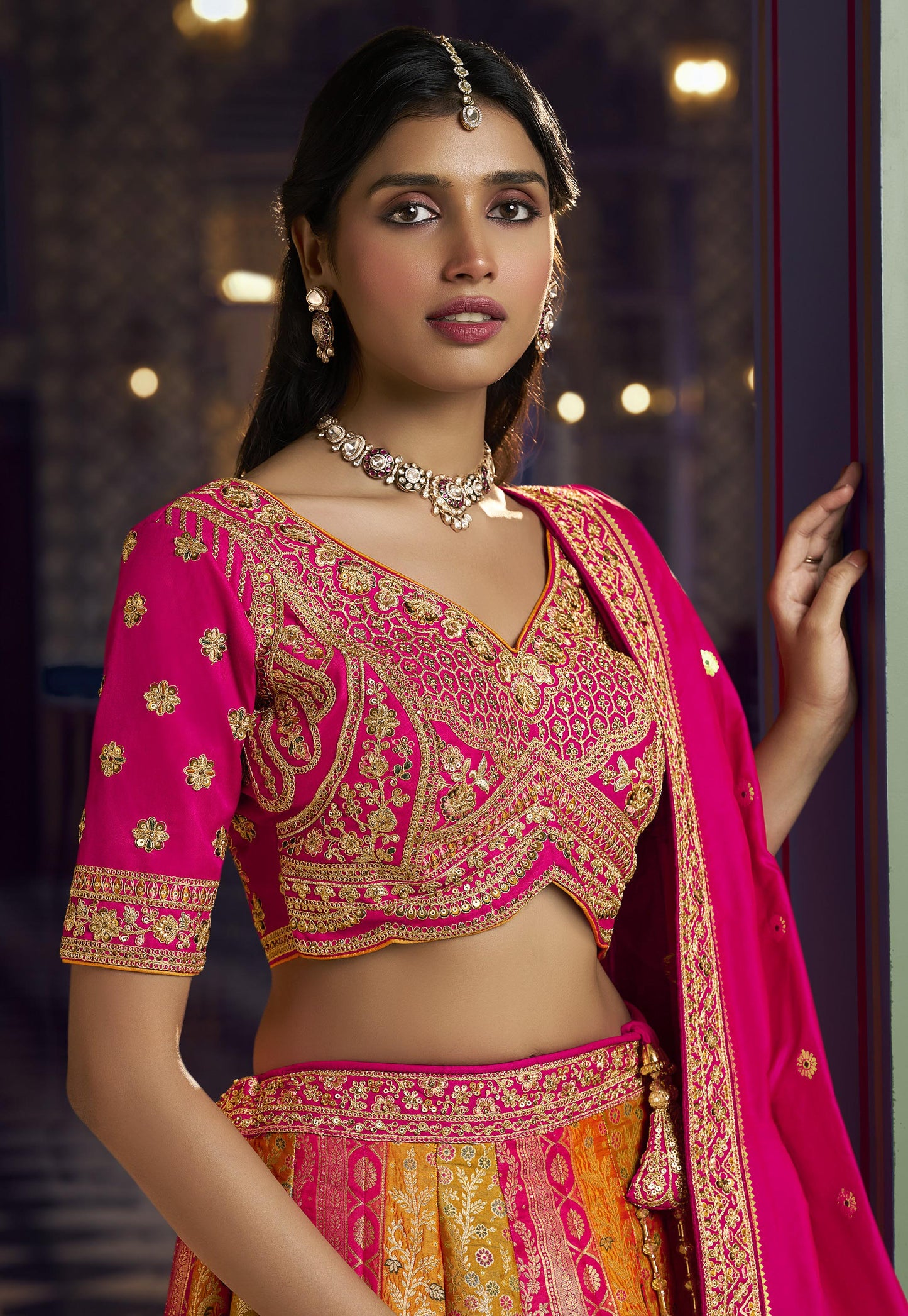 Dark Pink & Mustard Yellow Banarasi Silk Sequins & Swarovski Work Bridal Lehenga