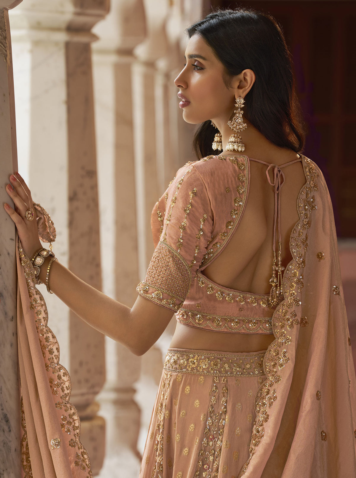 Peach Banarasi Silk Zari Weaving & Swarovski Work Bridal Lehenga