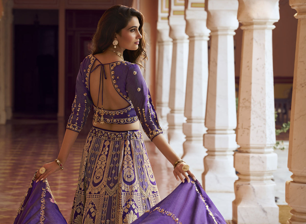 Purple Banarasi Silk Zari Weaving & Swarovski Work Bridal Lehenga