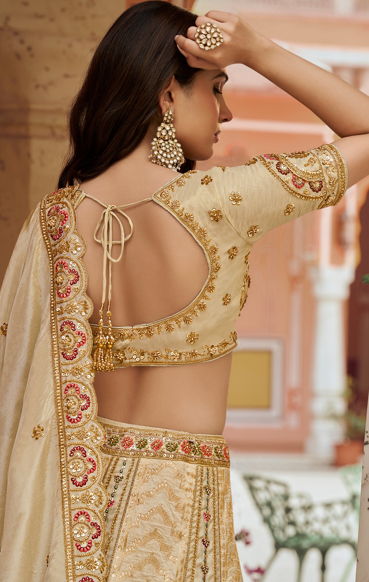 Beige Banarasi Silk Zari Weaving & Swarovski Work Bridal Lehenga