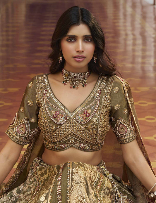 Green Banarasi Silk Zari Weaving & Swarovski Work Bridal Lehenga