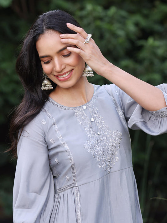 Surmai - Grey Viscose Silk Kurta Set with Shaded Embroidery