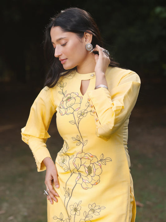 Yellow Viscose Silk Kurta Set with Embroidery