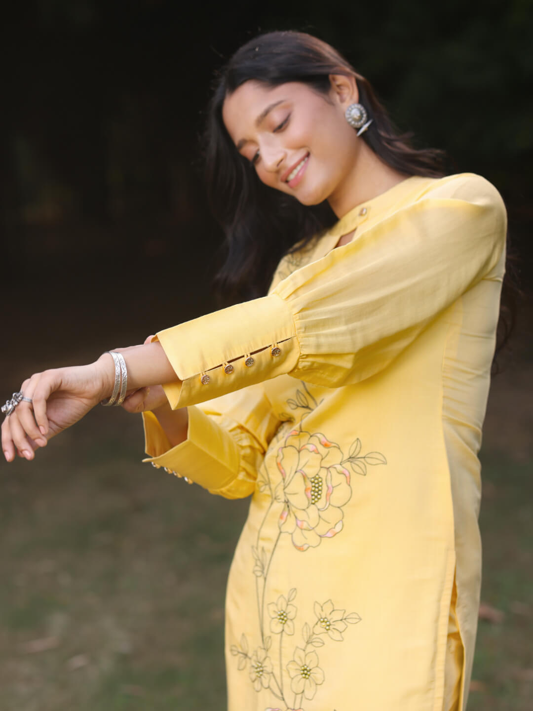 Yellow Viscose Silk Kurta Set with Embroidery