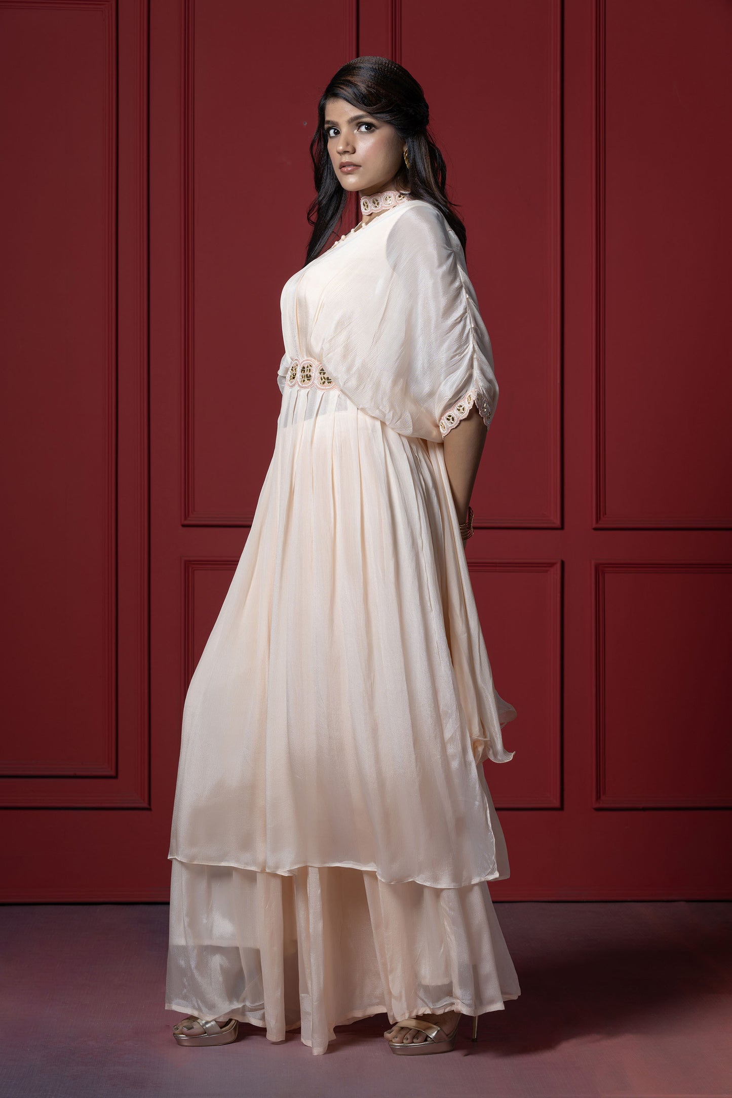 4 piece Chinnon Mirror Work Peach Tunic Set