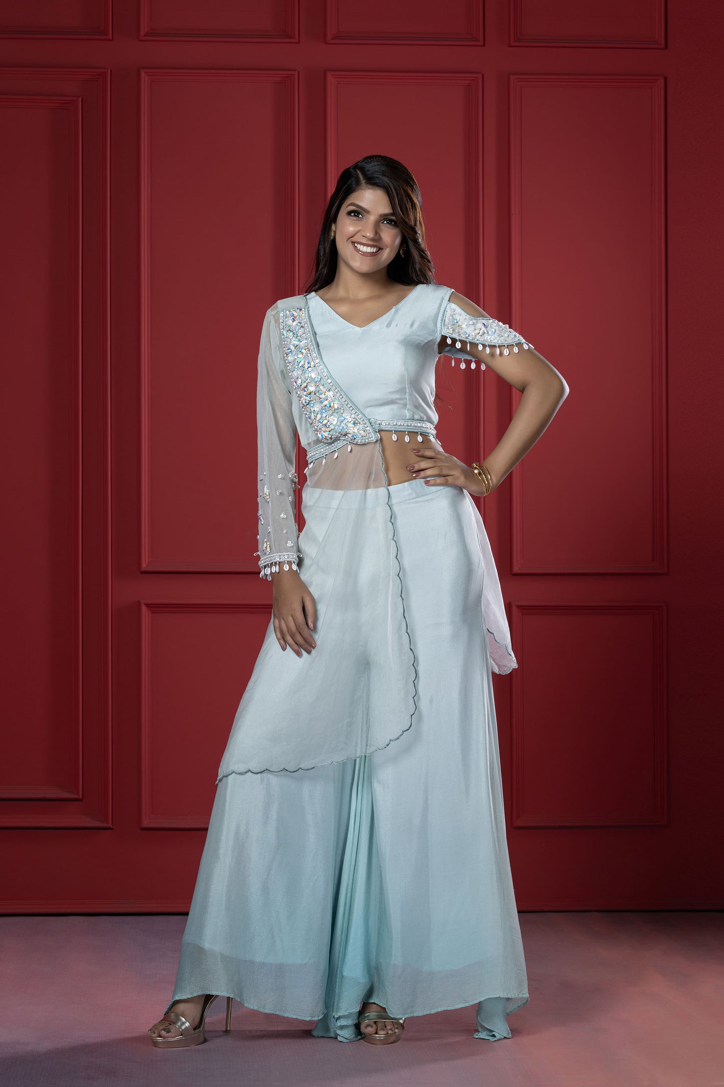 Breezy Sky Blue Chinnon Half Style Palazzo Jacket Set