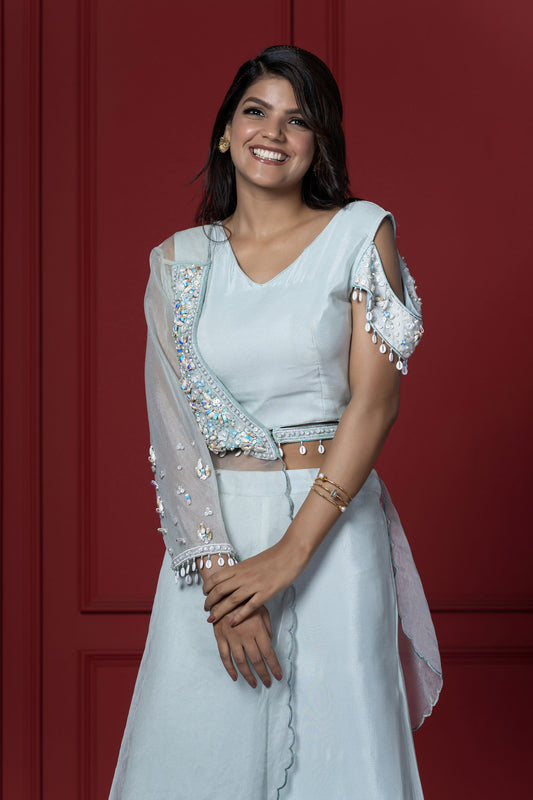 Breezy Sky Blue Chinnon Half Style Palazzo Jacket Set