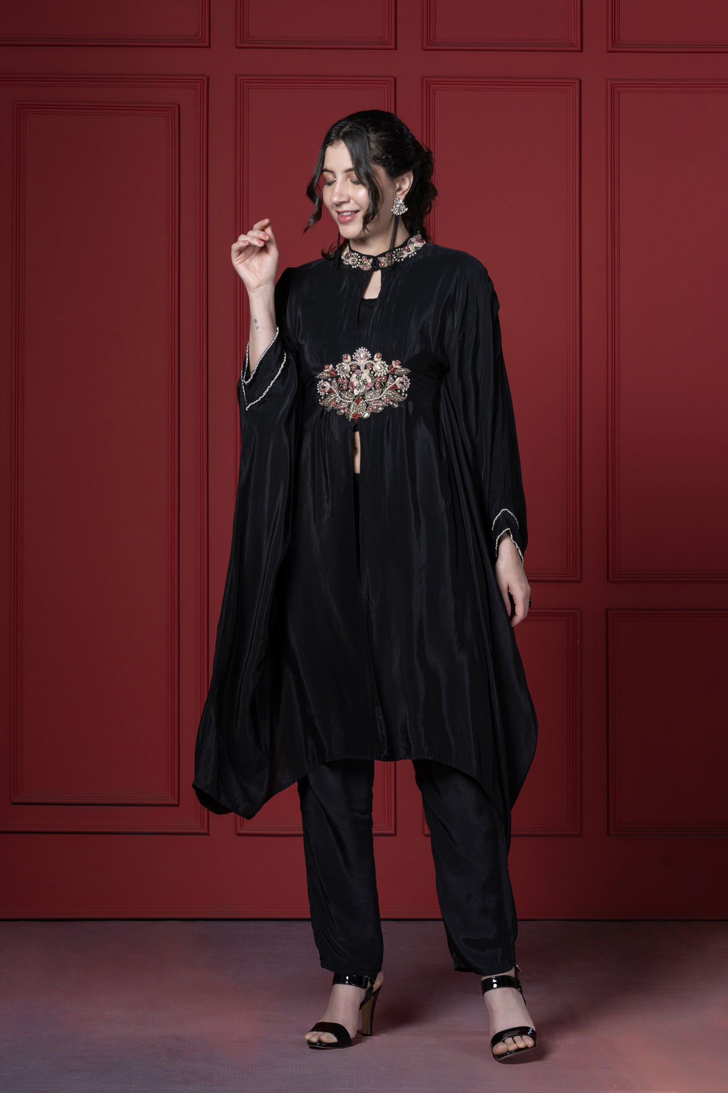Black Crepe Patch Kaftan Set
