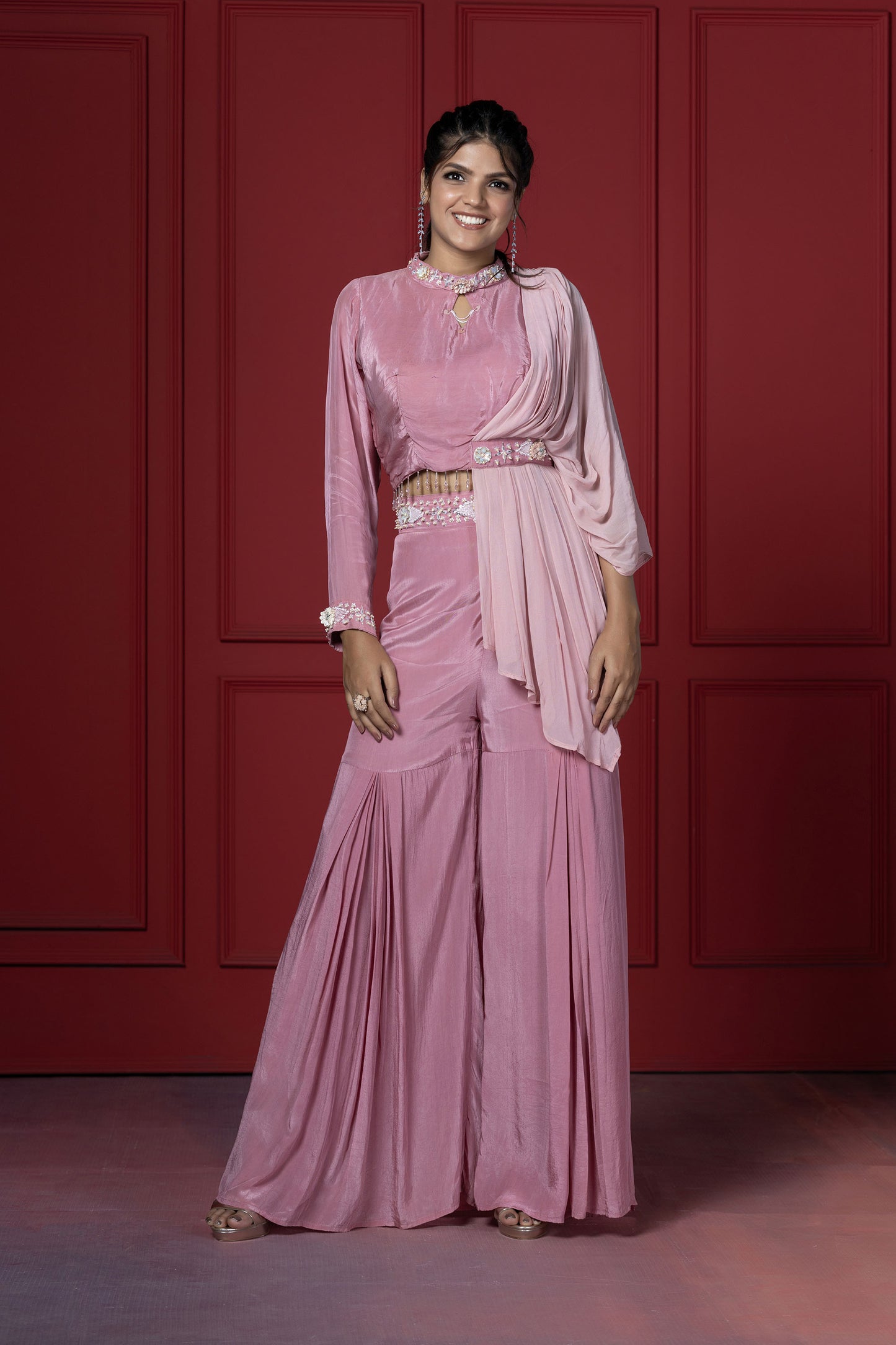 Pink Full Sleeve Crop Top Set