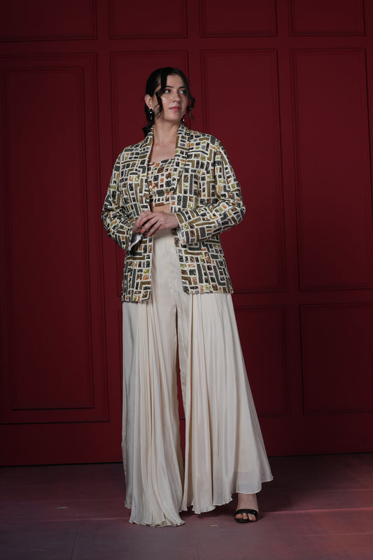 Geometric Ivory Crepe Blazer Set