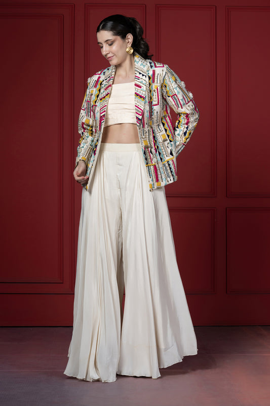 Ivory Crepe Embroidered Statement Blazer Set